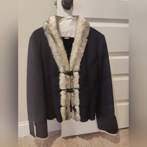 White House Black Market Black Teddy Jacket with Cream Faux Fur